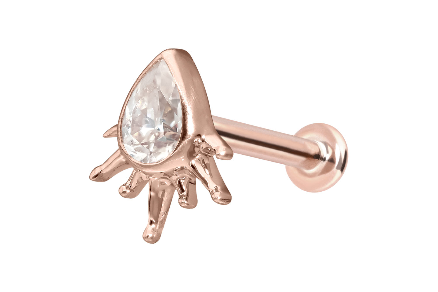 14 Karat Gold Labret Piercing mit Innengewinde MOISSANIT-TROPFEN + SONNENSTRAHLEN